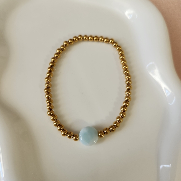 Handmade Stretchy Beaded Larimar Bracelet - Picture 1 of 6